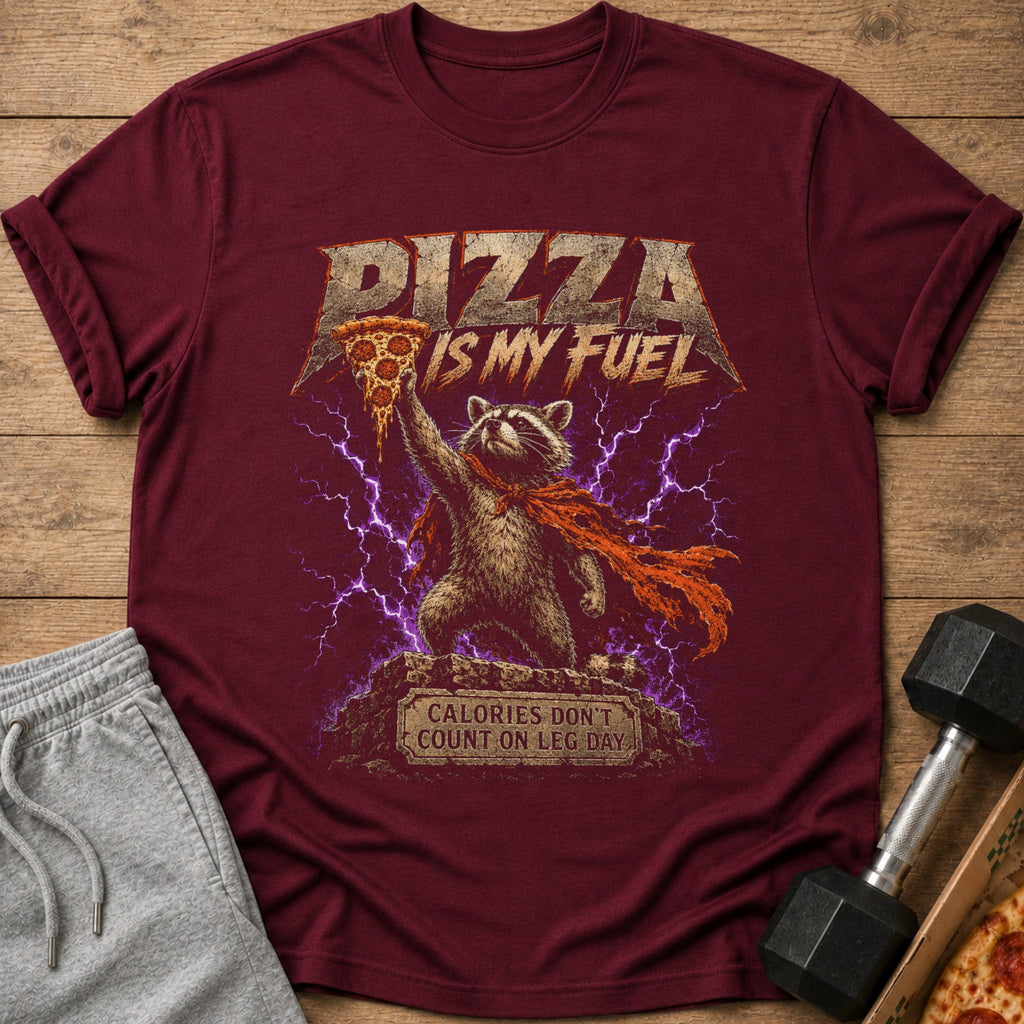 Maroon t-shirt featuring a graphic of a raccoon holding a pizza slice with lightning and text.