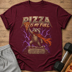 Maroon t-shirt featuring a graphic of a raccoon holding a pizza slice with lightning and text.