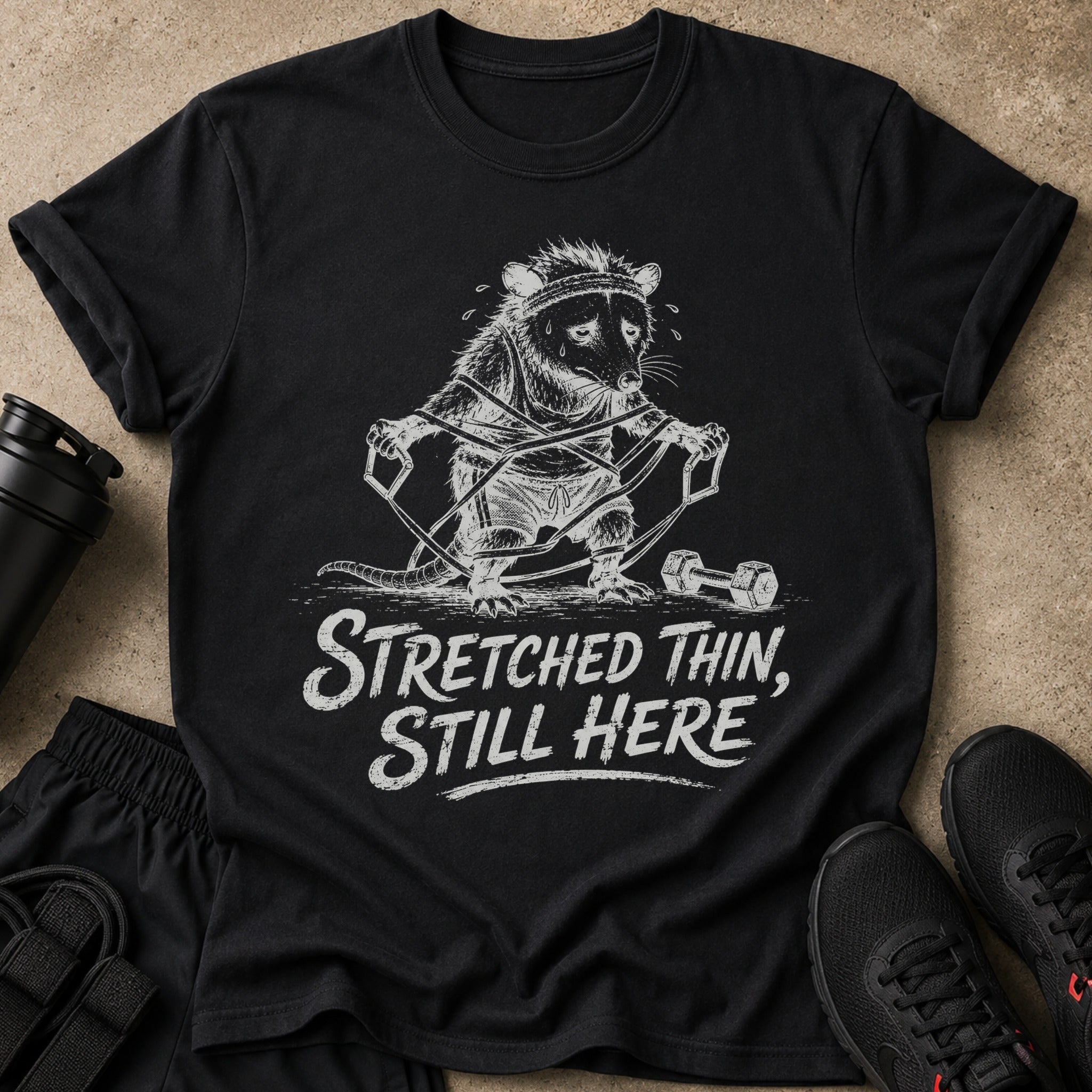 Black t-shirt with a distressed print of a possum working out with resistance bands and dumbbells, text says "Stretched Thin, Still Here".