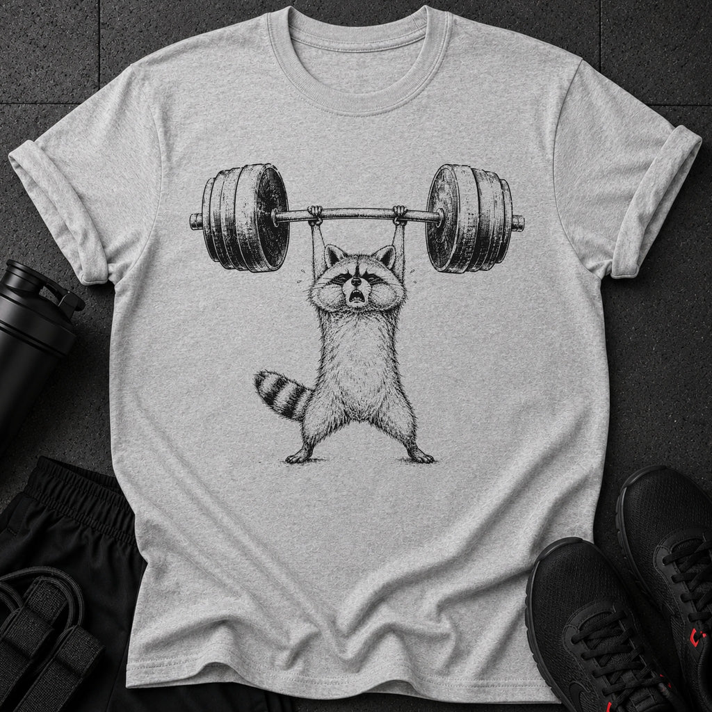 Raccoon lifting a barbell over its head.
