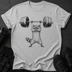 Raccoon lifting a barbell over its head.