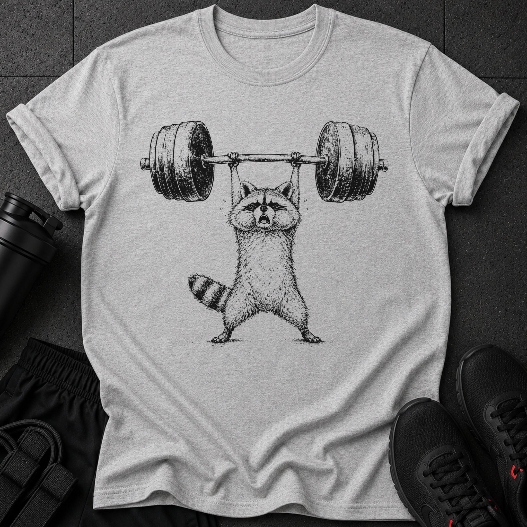 Raccoon lifting a barbell over its head.