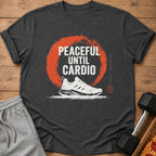 T-shirt with "PEACEFUL UNTIL CARDIO" text, a running shoe, and a dumbbell.