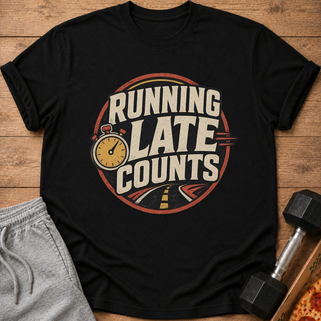 Black t-shirt with a circular graphic that reads "Running Late Counts" and features a stopwatch.
