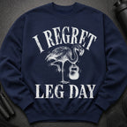 Navy sweatshirt with distressed print: Flamingo holding kettlebell, "I Regret Leg Day".
