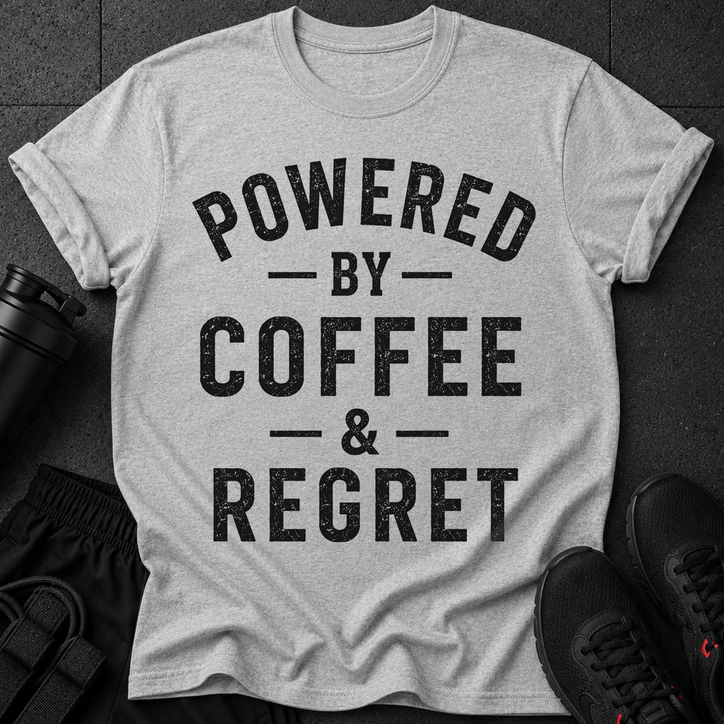 Heather gray t-shirt with black distressed text: "POWERED BY COFFEE & REGRET"