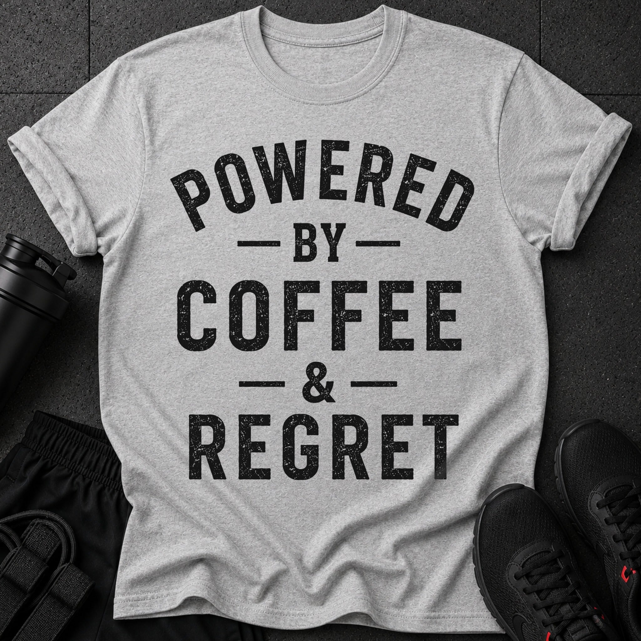 Heather gray t-shirt with black distressed text: "POWERED BY COFFEE & REGRET"
