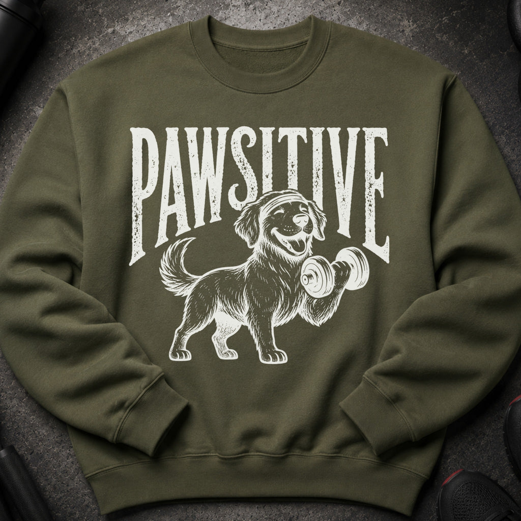 Green sweatshirt with white distressed graphic of a happy dog lifting a dumbbell.