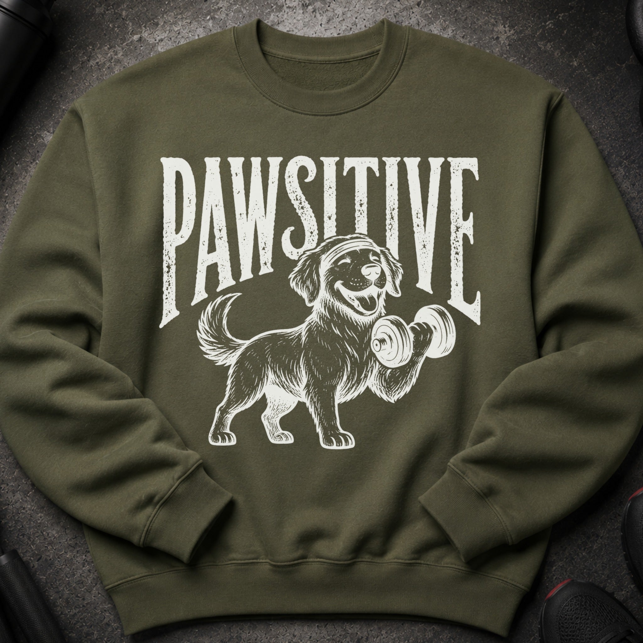 Green sweatshirt with white distressed graphic of a happy dog lifting a dumbbell.
