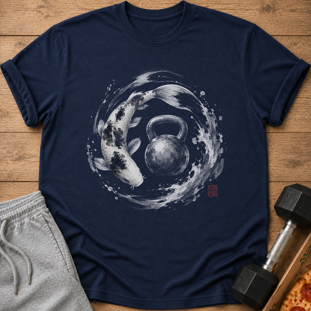 Dark blue t-shirt with a black and white koi fish and kettlebell design.