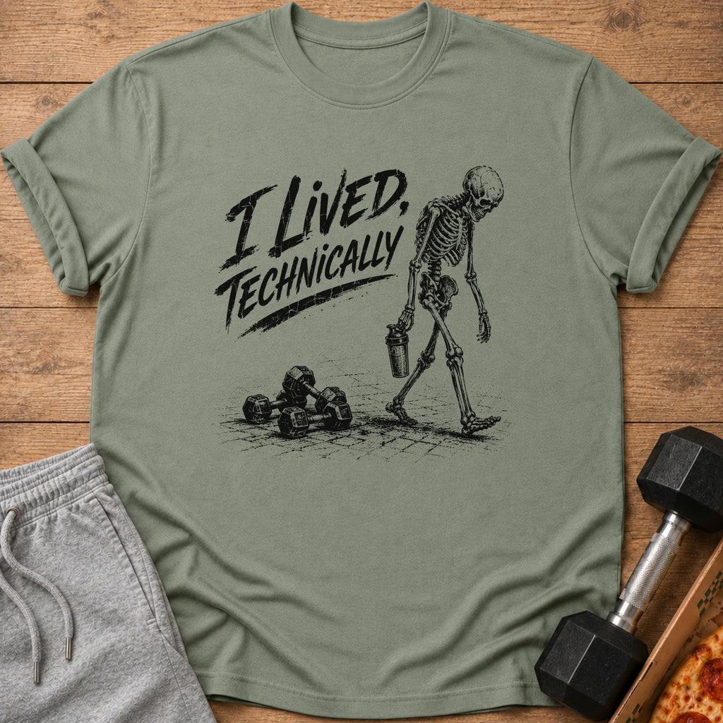 T-shirt with skeleton graphic "I Lived, Technically", dumbbells, and pizza.