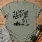 T-shirt with skeleton graphic "I Lived, Technically", dumbbells, and pizza.