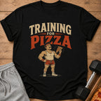 Black t-shirt with "Training For Pizza" graphic of a muscular man holding pizza.