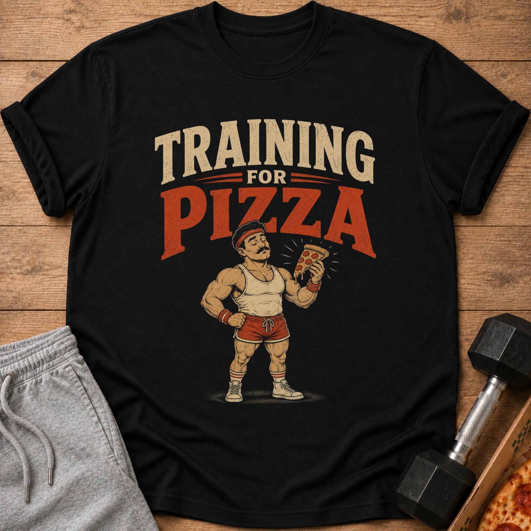Black t-shirt with "Training For Pizza" graphic of a muscular man holding pizza.