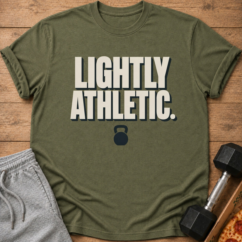 Olive t-shirt with "LIGHTLY ATHLETIC." text and kettlebell graphic.