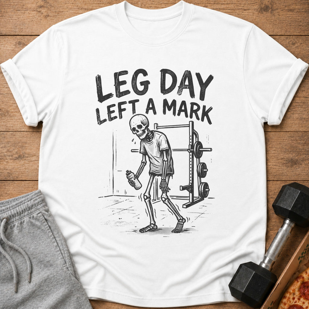 White t-shirt with skeleton design and text "LEG DAY LEFT A MARK".