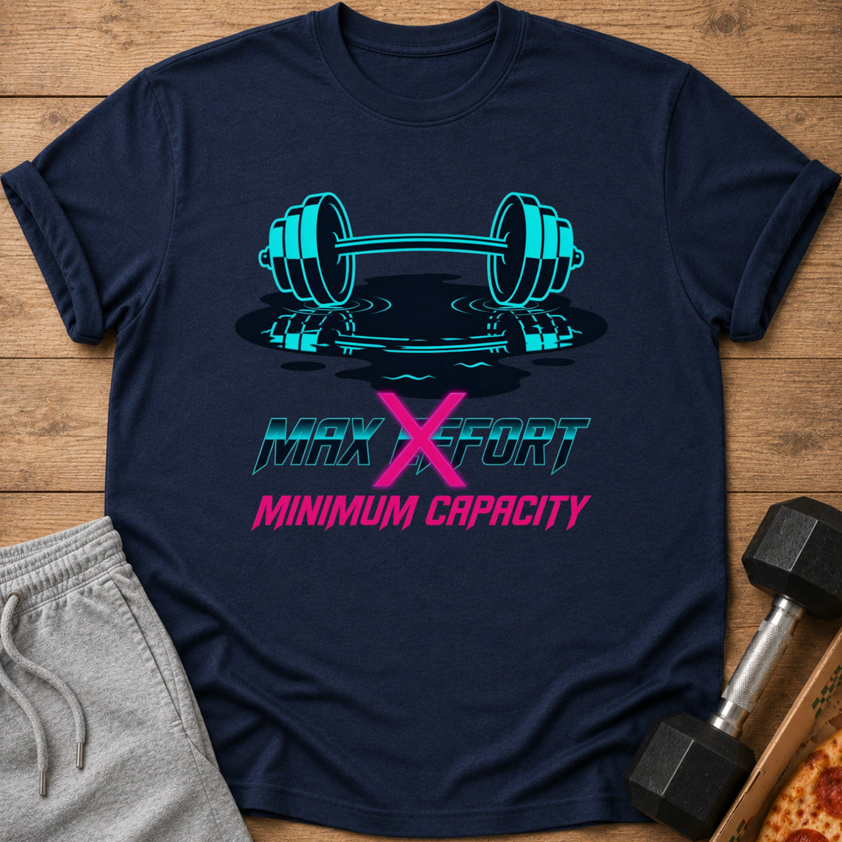 Navy t-shirt with dumbbell graphic and text "MAX EFFORT MINIMUM CAPACITY".