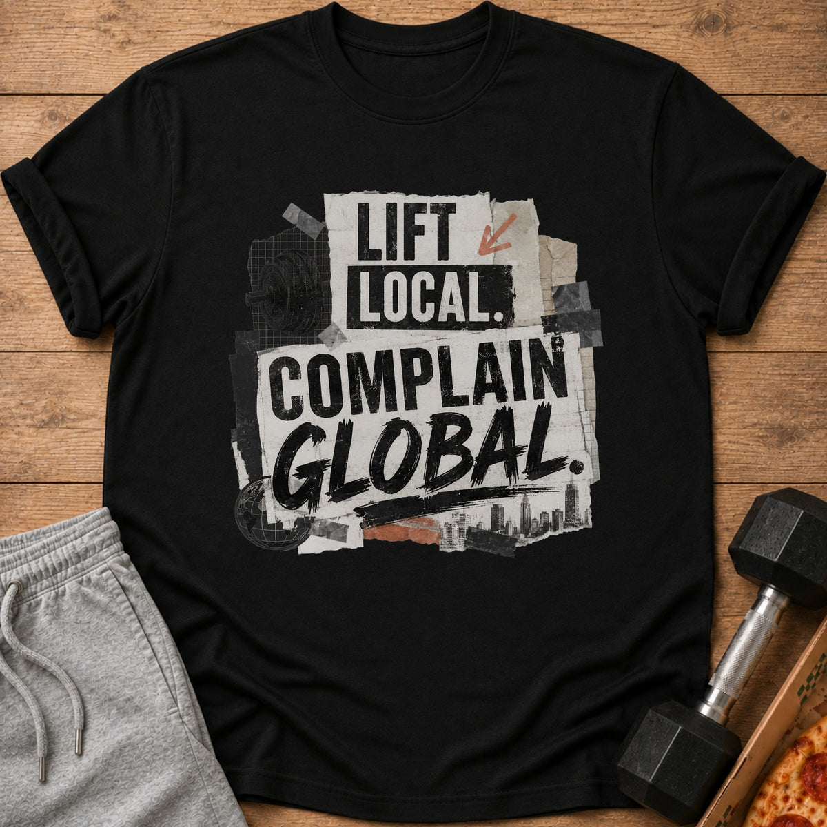 Black t-shirt with "Lift Local. Complain Global." text collage graphic.