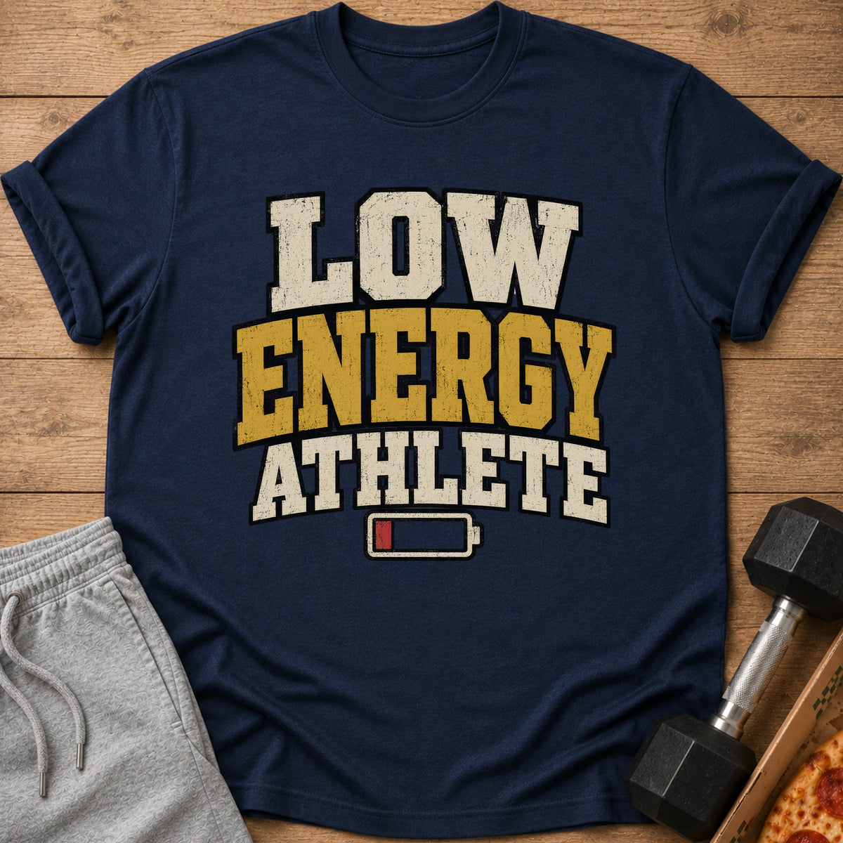 Navy t-shirt with "LOW ENERGY ATHLETE" text and a low battery icon.