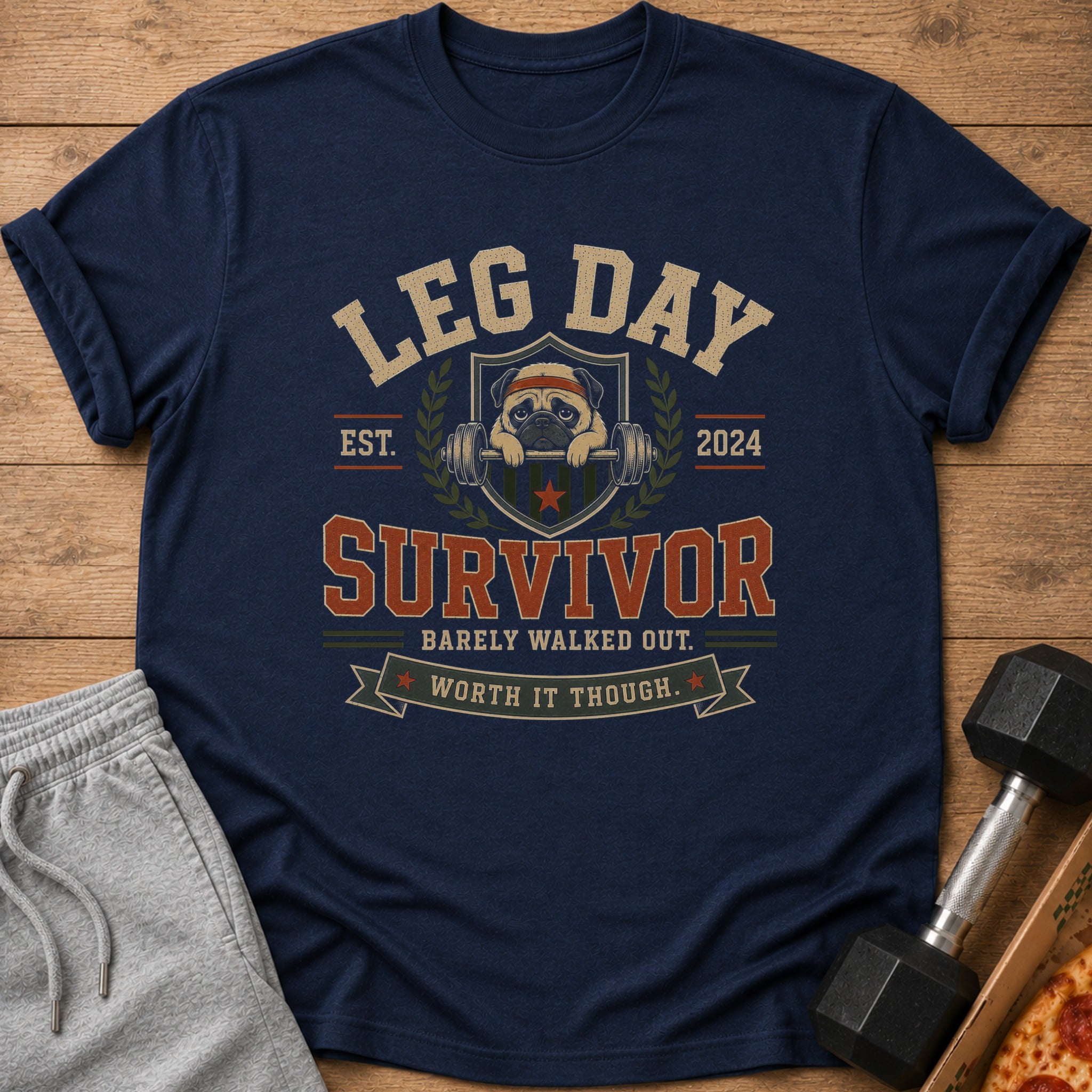 Navy t-shirt with "Leg Day Survivor" graphic featuring a pug holding dumbbells.
