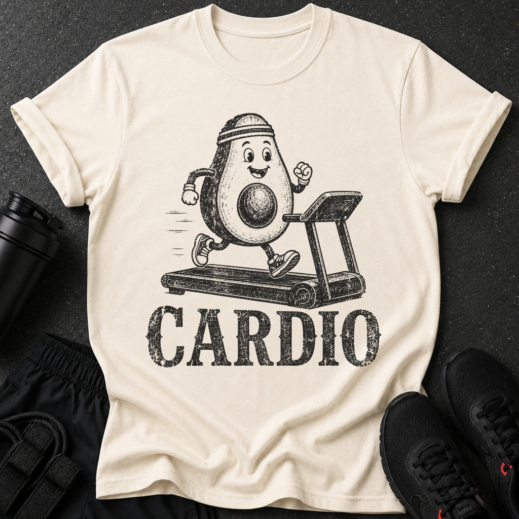 Avocado running on treadmill with "CARDIO" text on cream t-shirt.