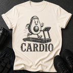 Avocado running on treadmill with "CARDIO" text on cream t-shirt.