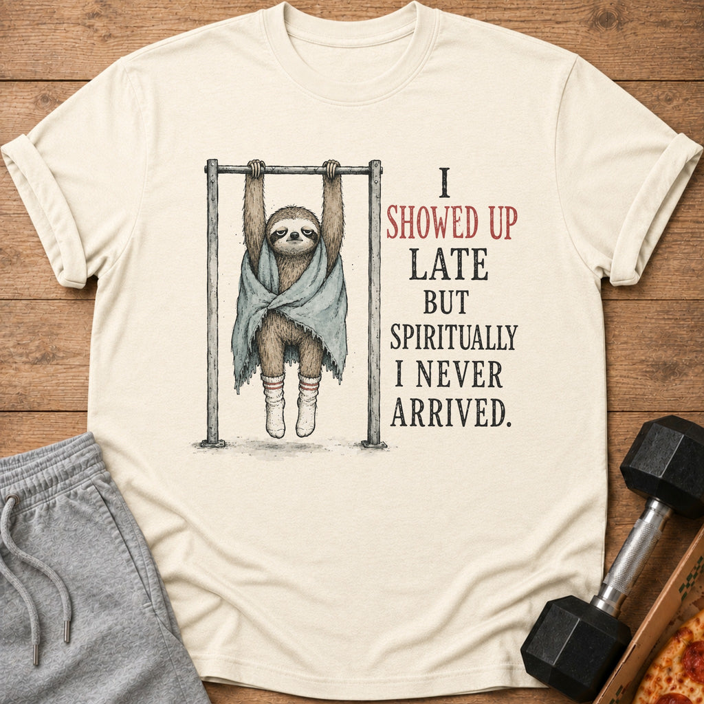 Cream t-shirt with sloth hanging on bar, text: I showed up late but spiritually I never arrived.