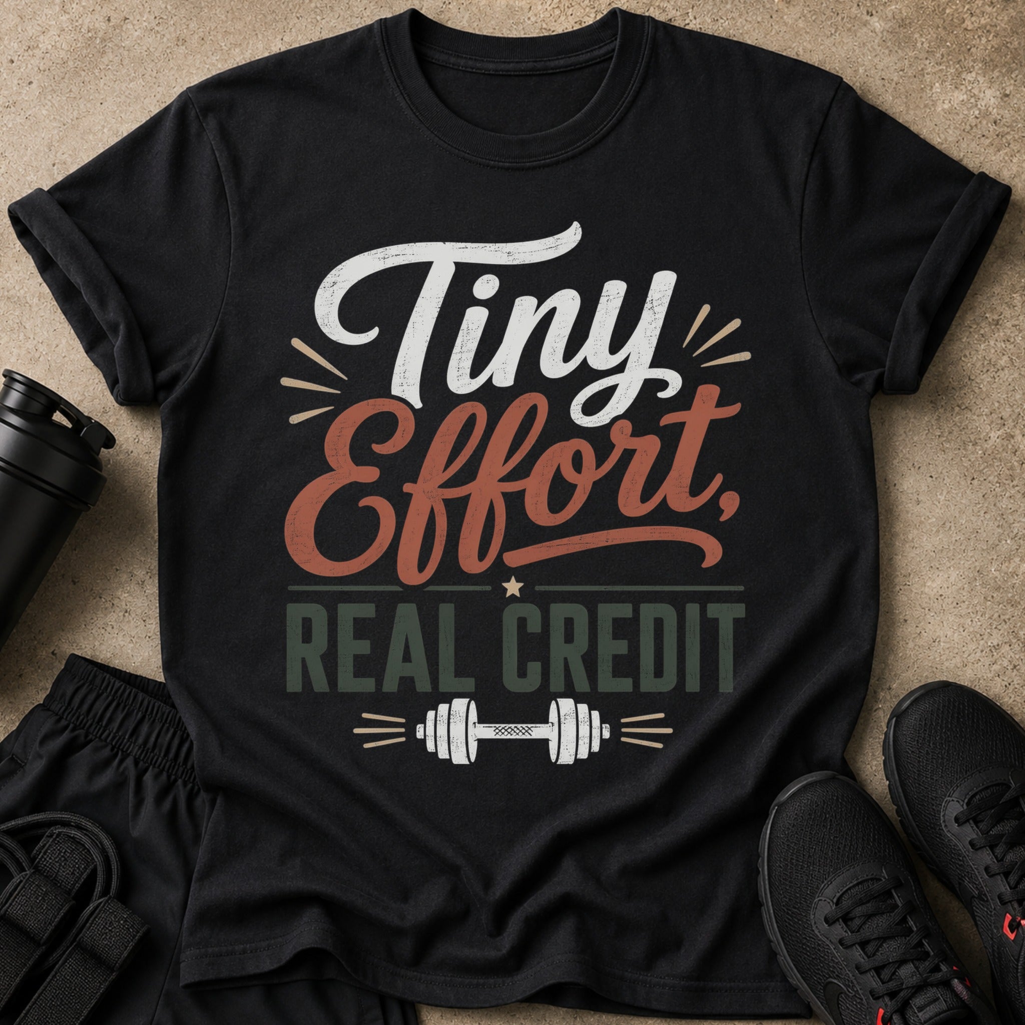 Black t-shirt with "Tiny Effort, Real Credit" text and a barbell graphic.