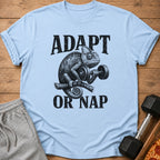 Light blue t-shirt with black text "ADAPT OR NAP" and a chameleon lifting weights.