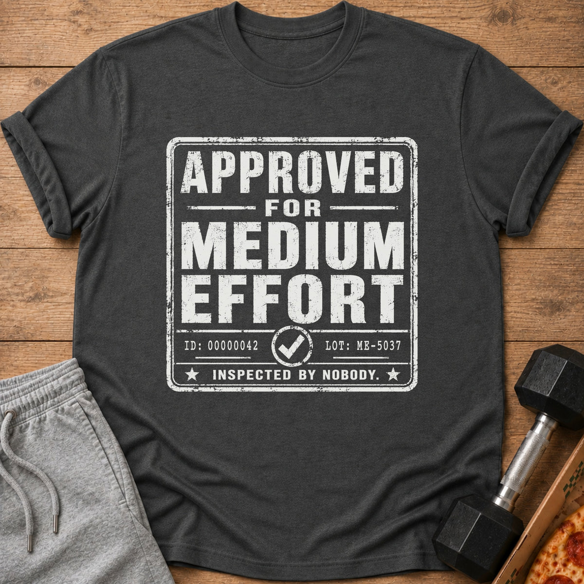 Dark grey t-shirt with "APPROVED FOR MEDIUM EFFORT INSPECTED BY NOBODY" text.