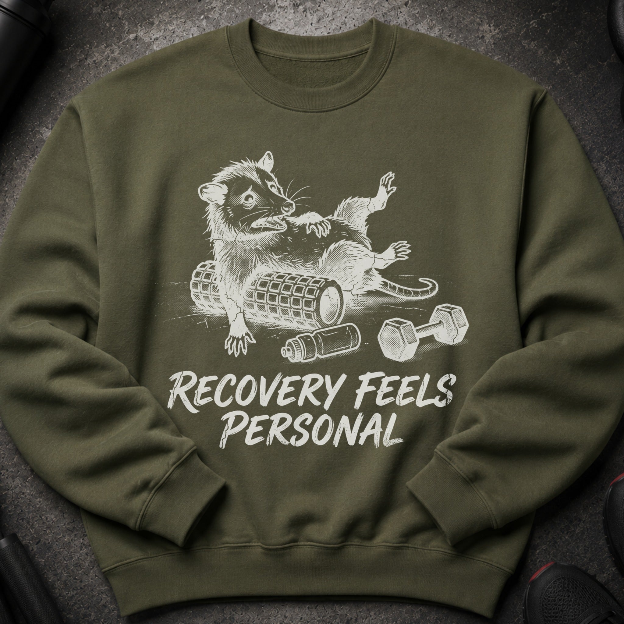 Olive green sweatshirt with a graphic of a possum on a foam roller and dumbbells. Text reads: "RECOVERY FEELS PERSONAL".