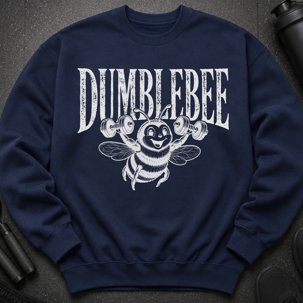 Navy sweatshirt with "DUMBBEBEE" text and a cartoon bee lifting weights.