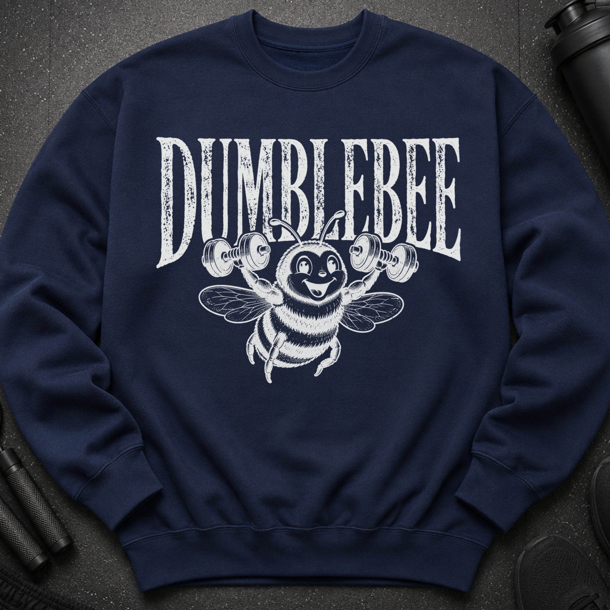 Navy sweatshirt with "DUMBBEBEE" text and a cartoon bee lifting weights.