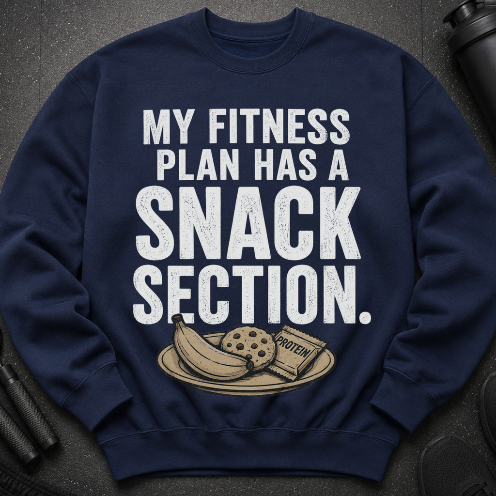 Navy sweatshirt with "MY FITNESS PLAN HAS A SNACK SECTION" text and a plate of snacks.