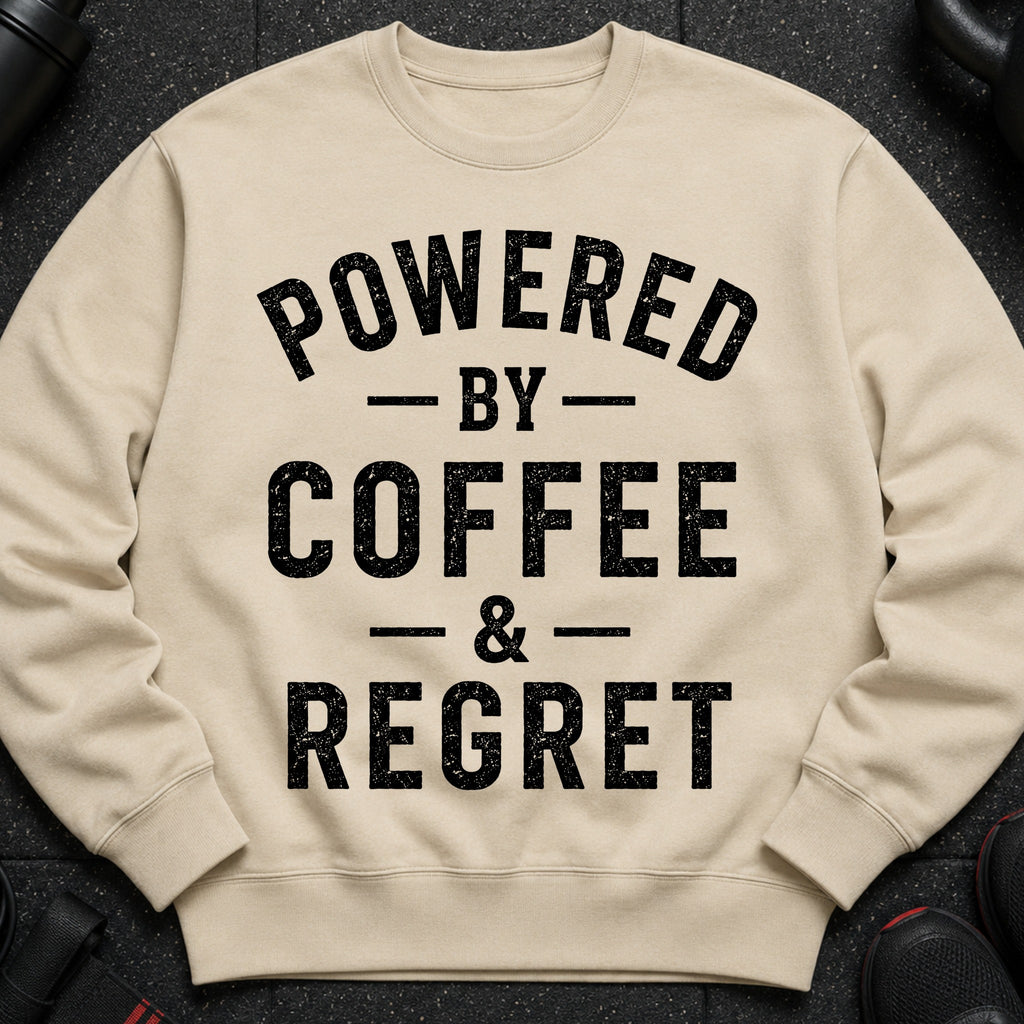 Cream sweatshirt with black text reading "POWERED BY COFFEE & REGRET".