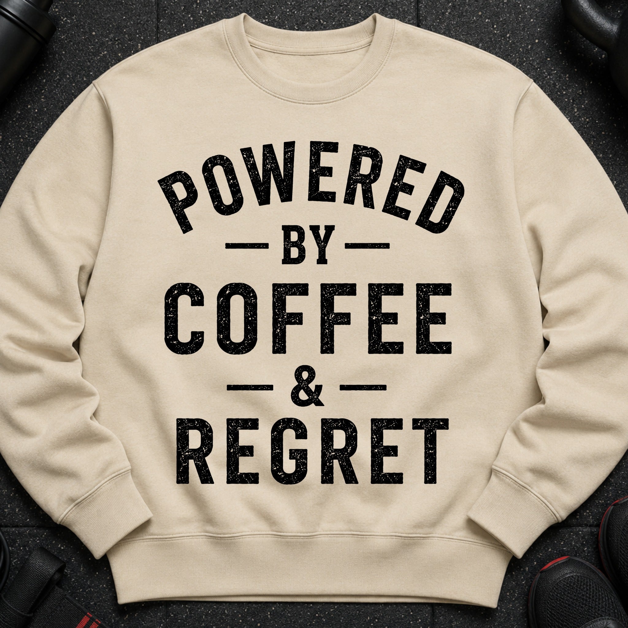 Cream sweatshirt with black text reading "POWERED BY COFFEE & REGRET".