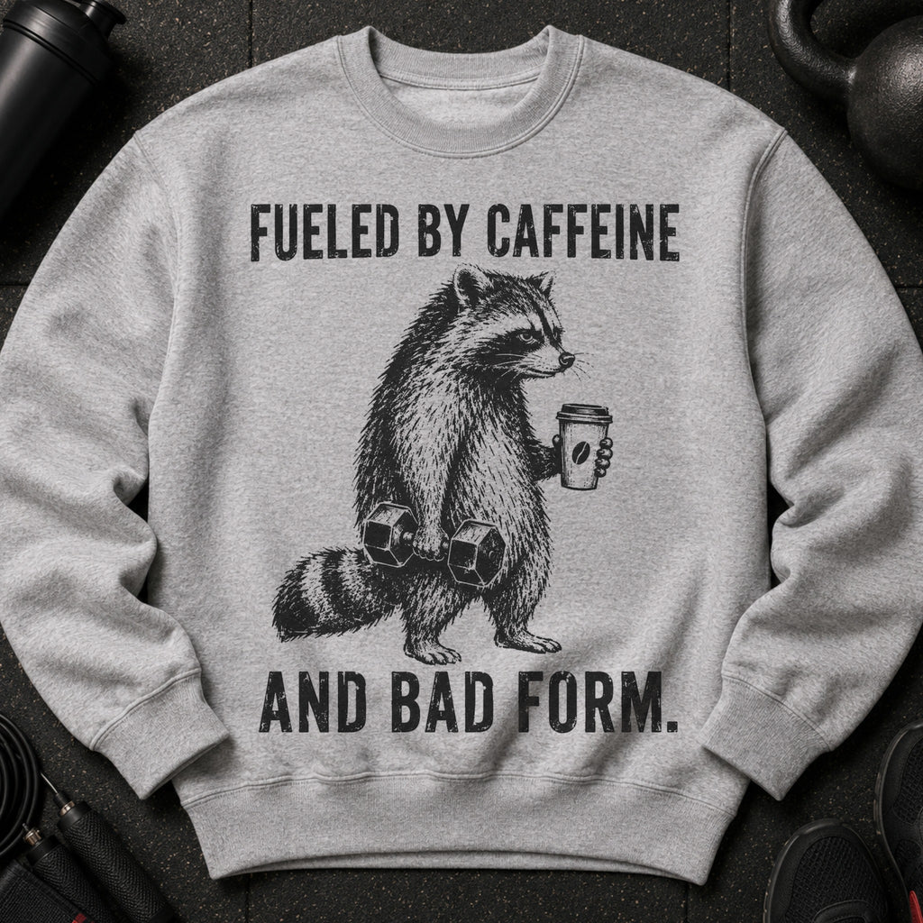 Gray sweatshirt with graphic of raccoon holding dumbbell and coffee cup, text: Fueled by caffeine and bad form.