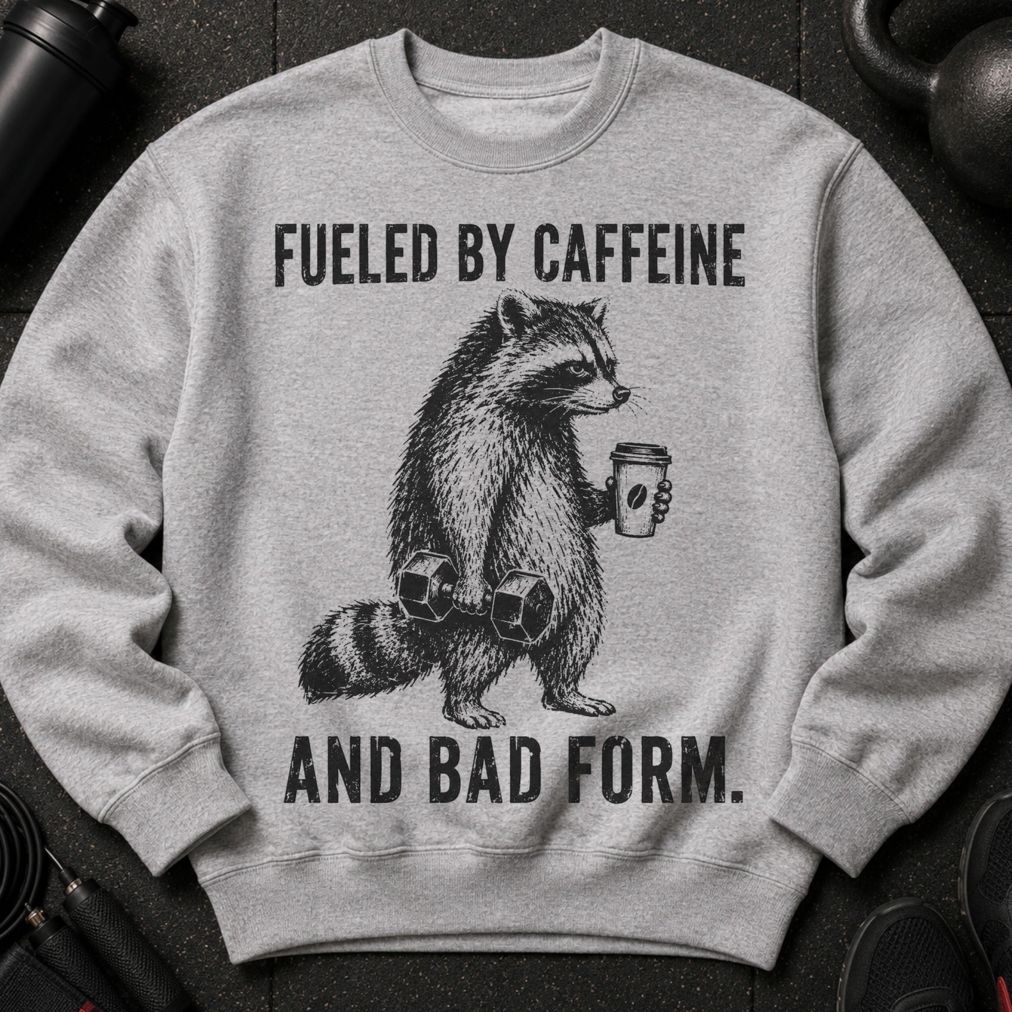 Gray sweatshirt with graphic of raccoon holding dumbbell and coffee cup, text: Fueled by caffeine and bad form.