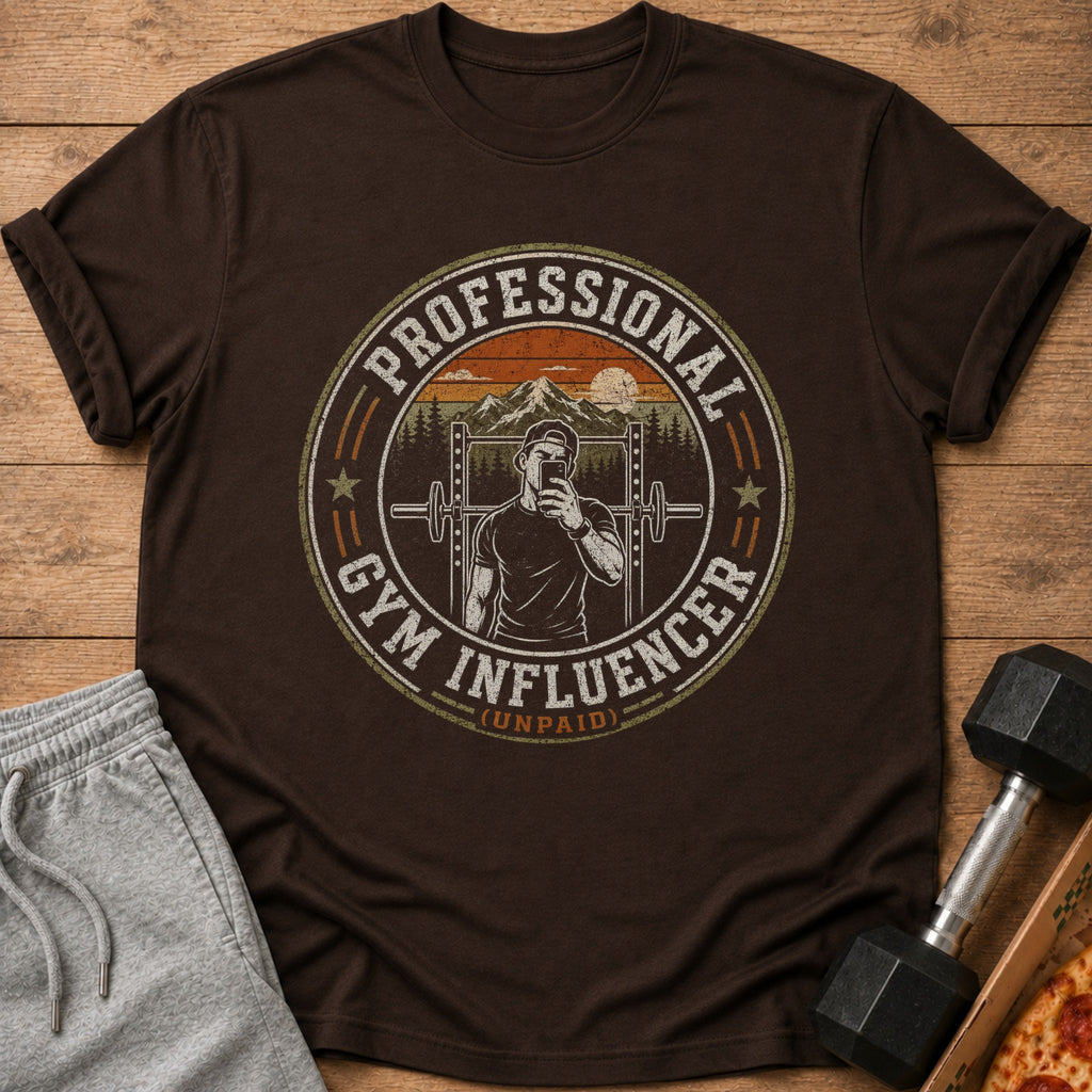 Brown t-shirt with "Professional Gym Influencer (Unpaid)" graphic and gym scene.