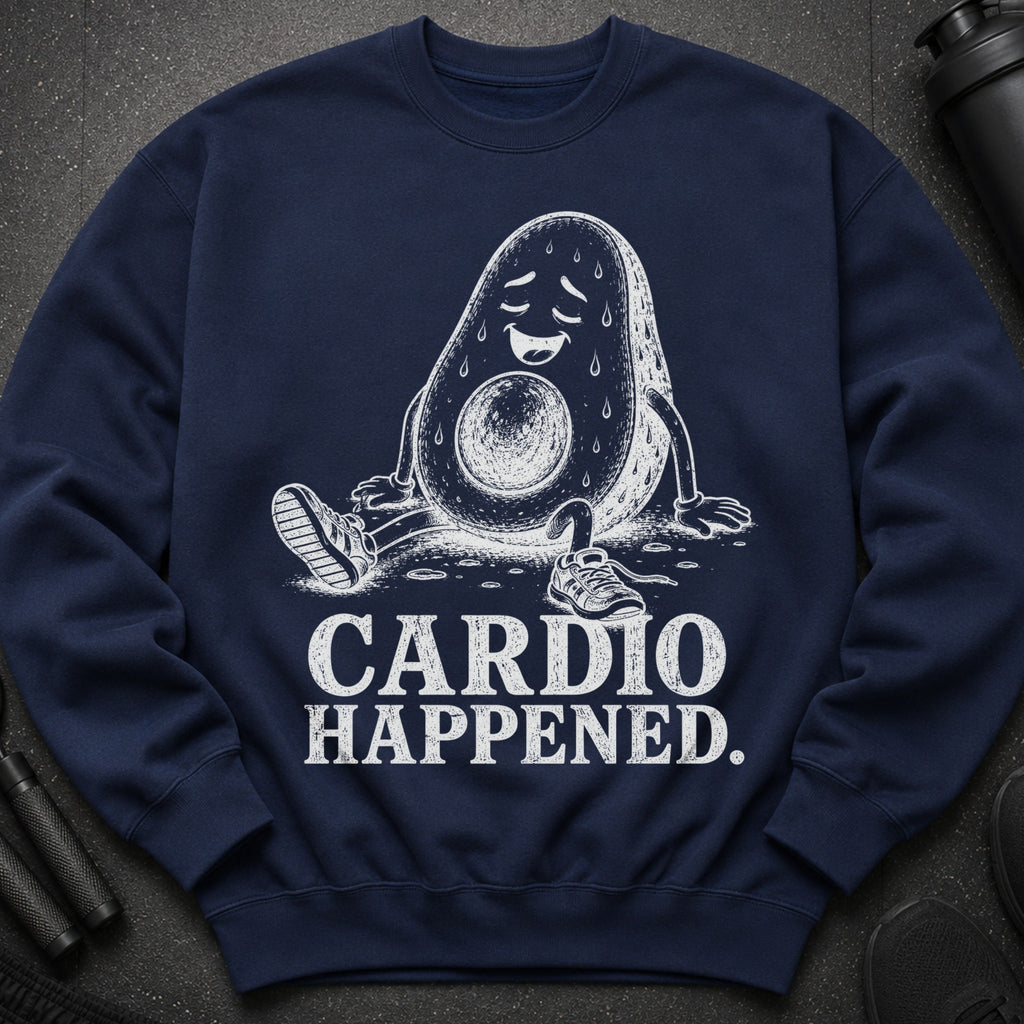Navy sweatshirt with white graphic of a sweating avocado and text "CARDIO HAPPENED."