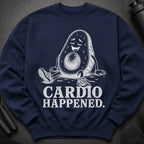Navy sweatshirt with white graphic of a sweating avocado and text "CARDIO HAPPENED."