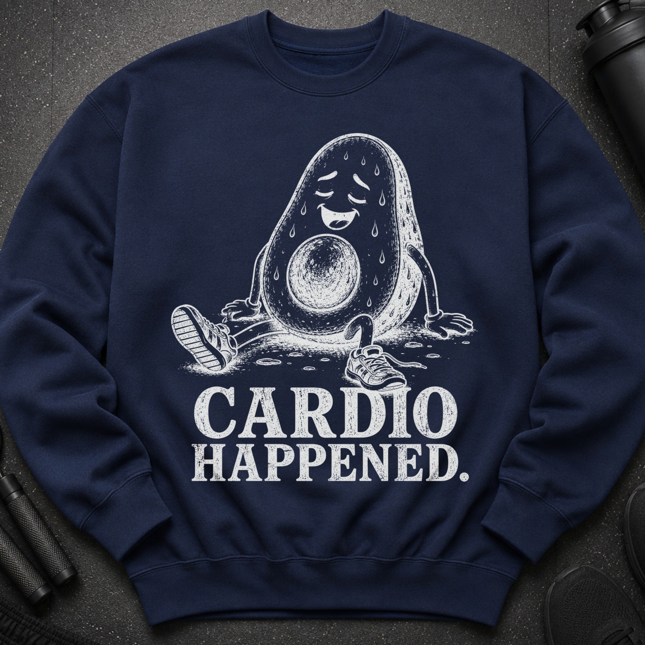 Navy sweatshirt with white graphic of a sweating avocado and text "CARDIO HAPPENED."