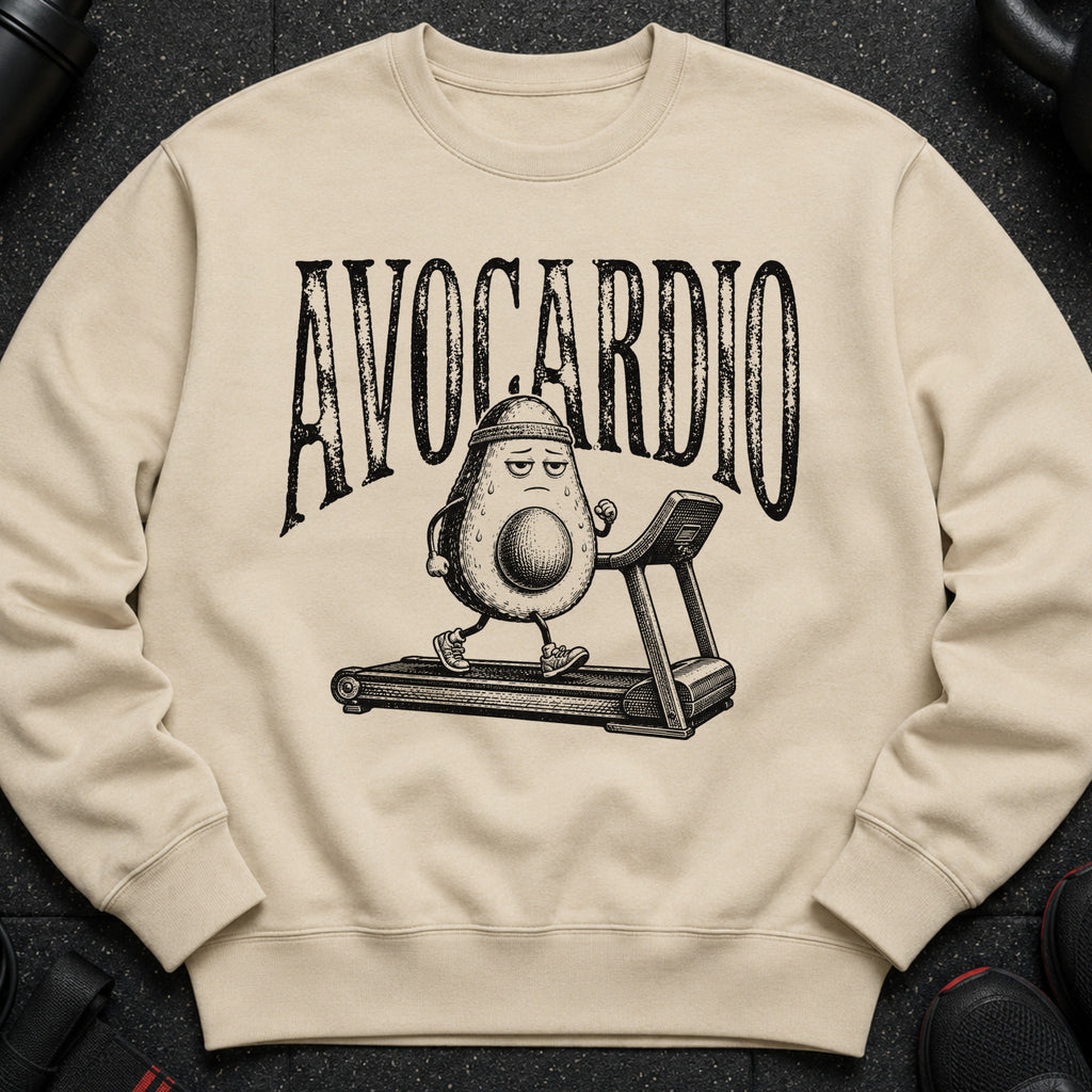 Avocardio text above tired avocado running on treadmill.