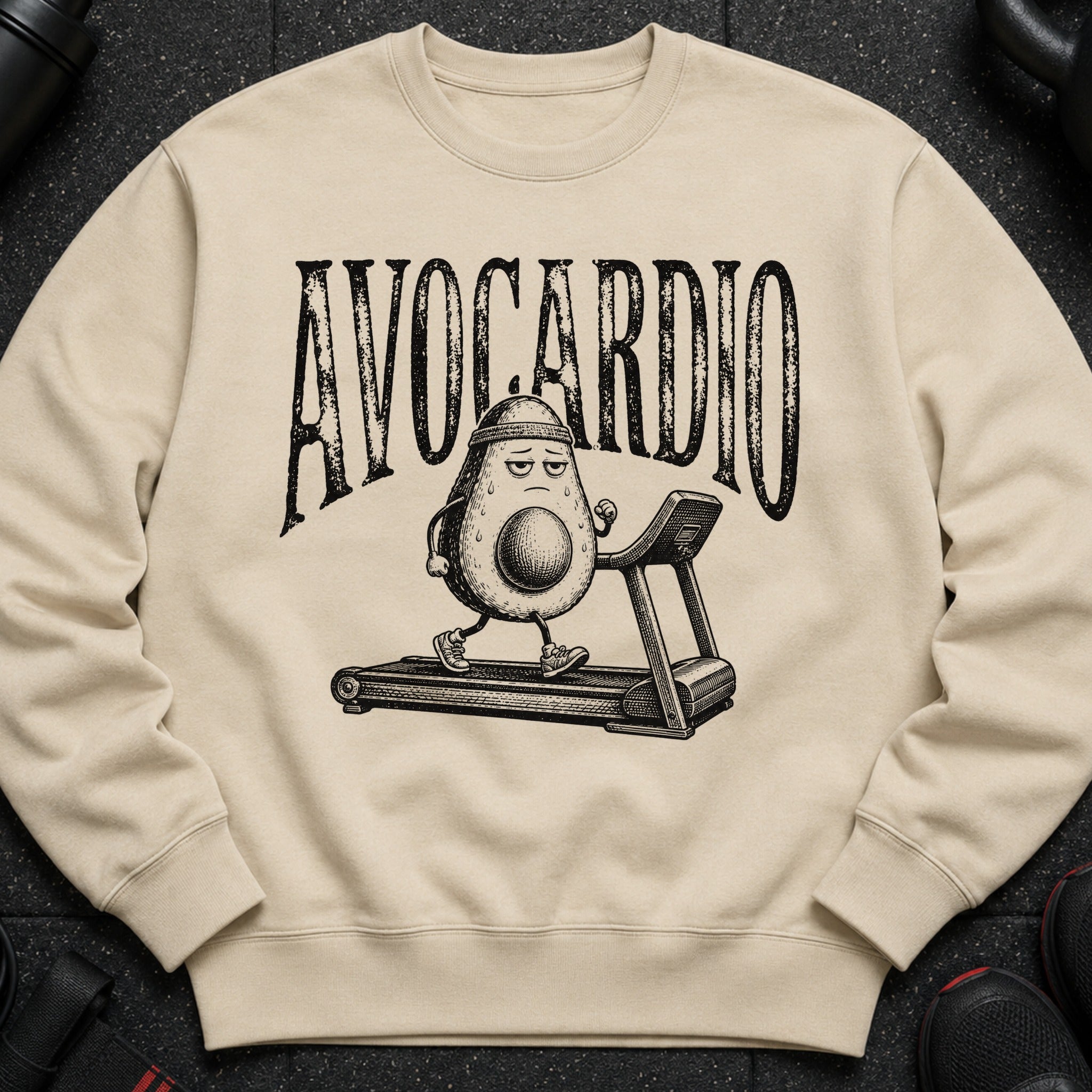 Avocardio text above tired avocado running on treadmill.