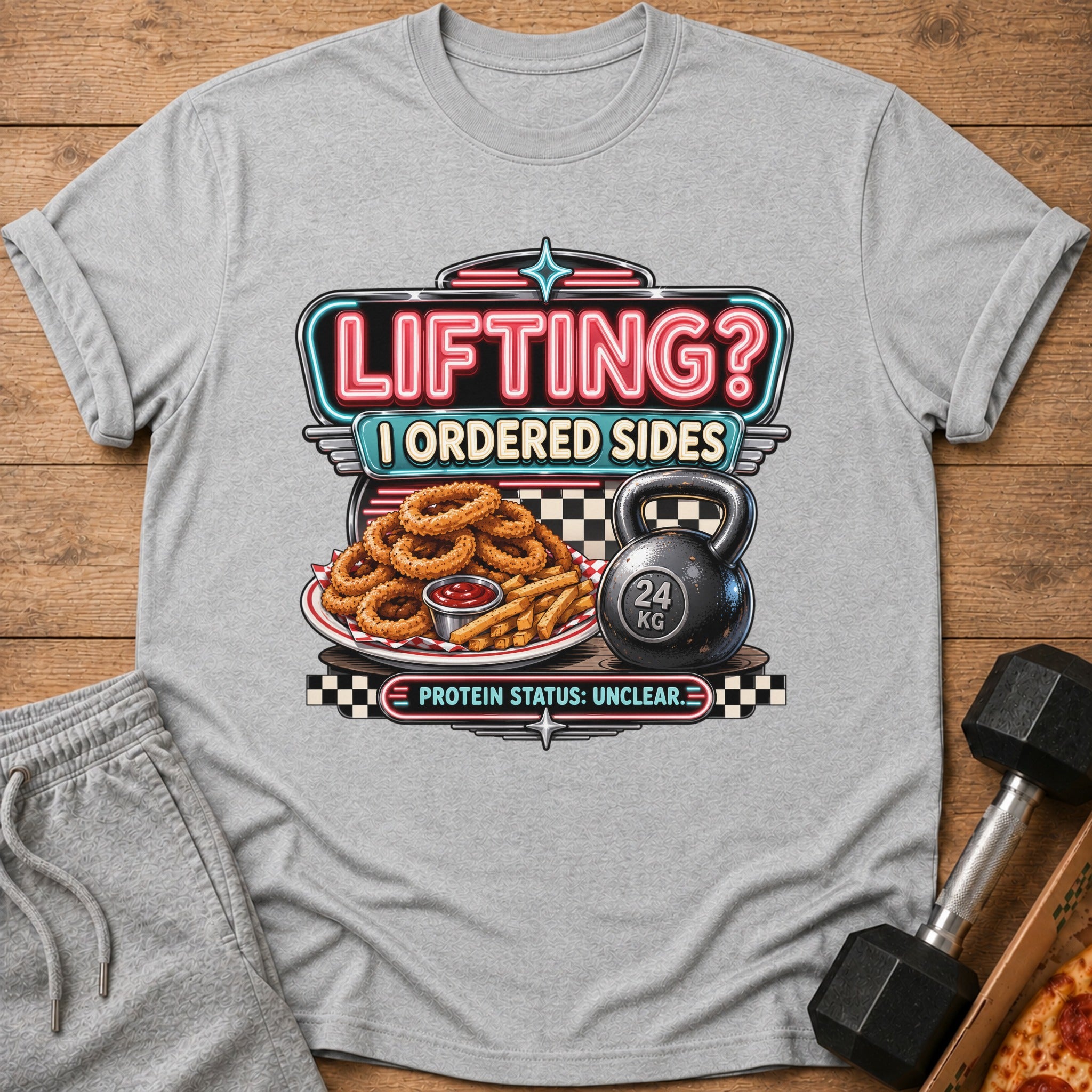 T-shirt graphic with neon text "LIFTING? I ORDERED SIDES" and food.