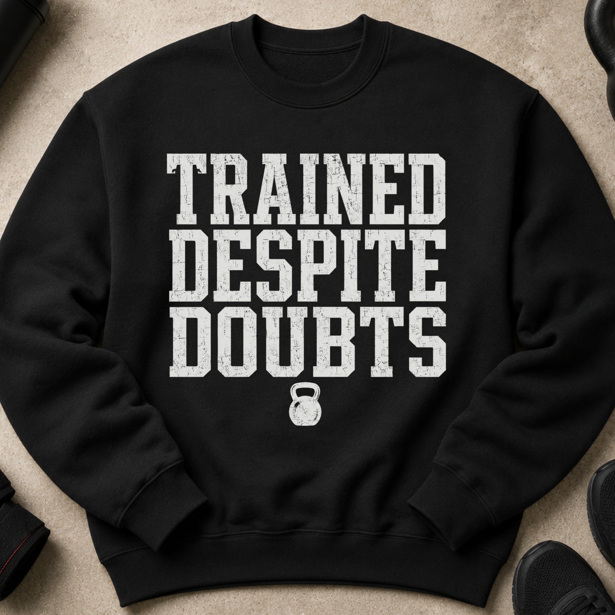 Black sweatshirt with distressed white text "TRAINED DESPITE DOUBTS" and kettlebell graphic.