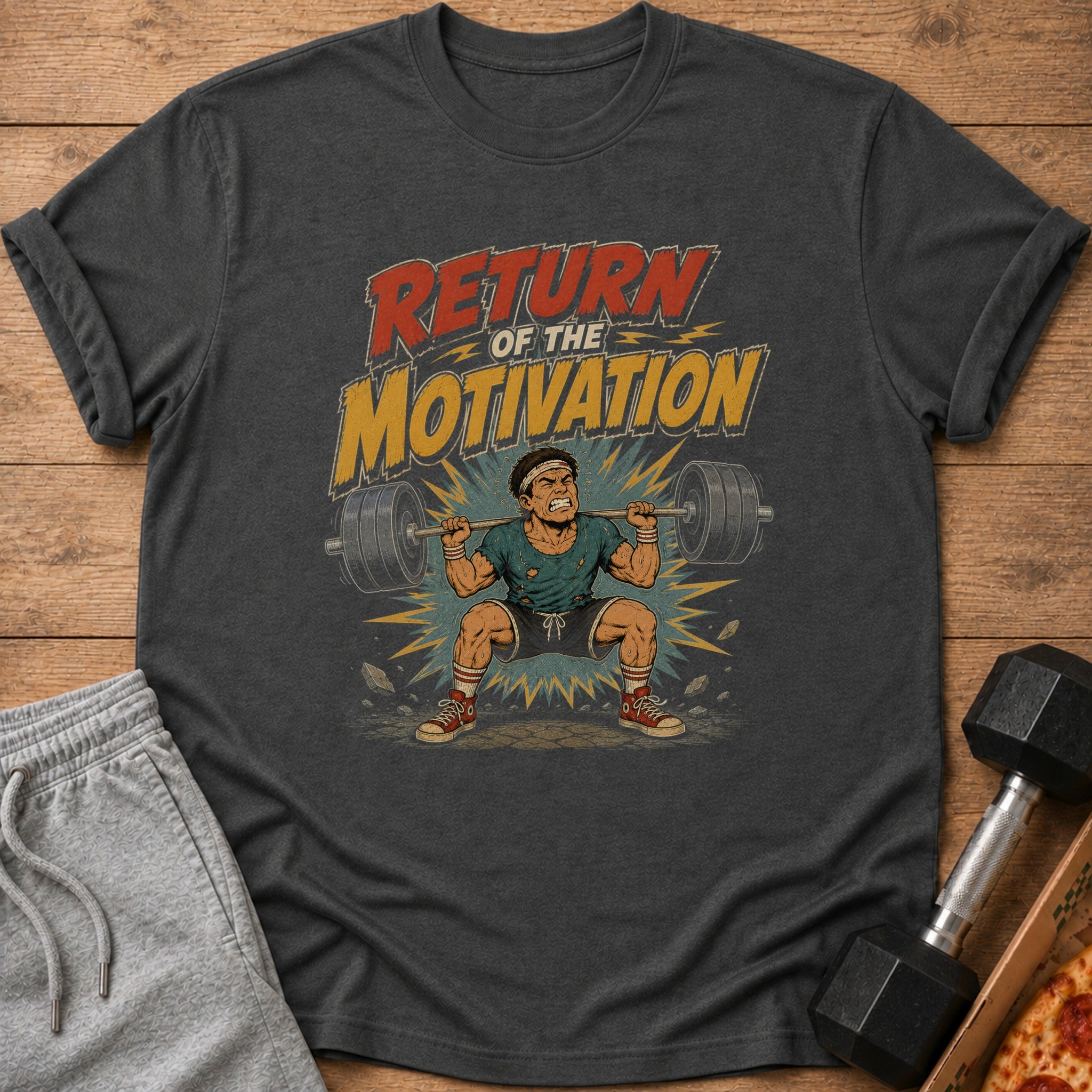 "Return of the Motivation" graphic on a dark t-shirt featuring a weightlifter.