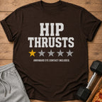 Brown t-shirt with text "HIP THRUSTS" and one yellow star.