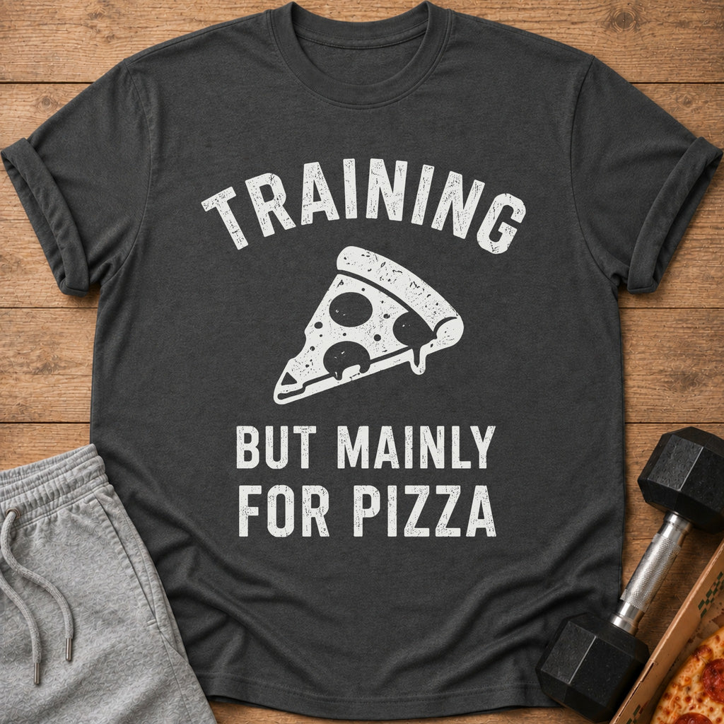 Dark t-shirt with "TRAINING BUT MAINLY FOR PIZZA" text and a pizza slice graphic.