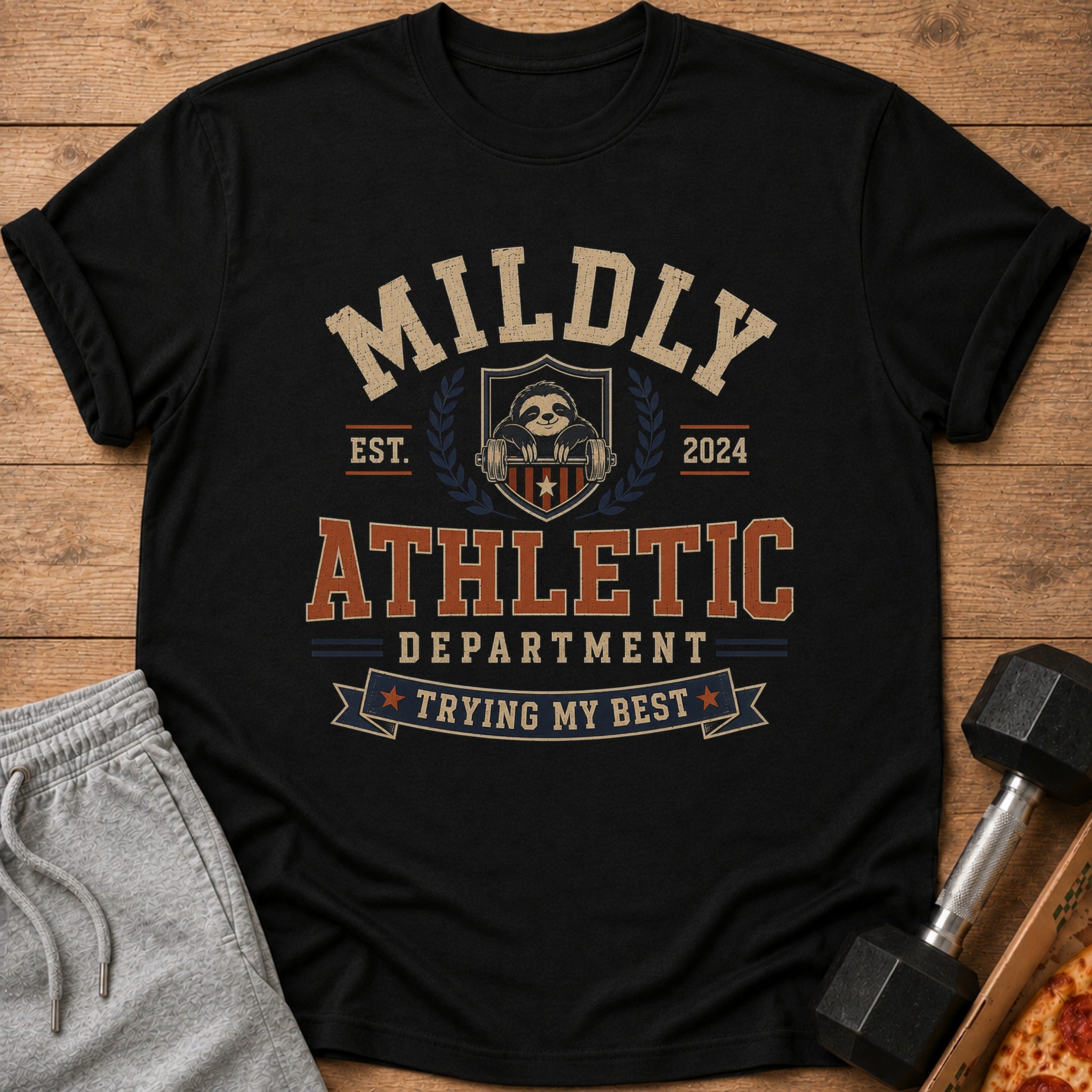 Black t-shirt with "Mildly Athletic Department Trying My Best" text and sloth graphic.